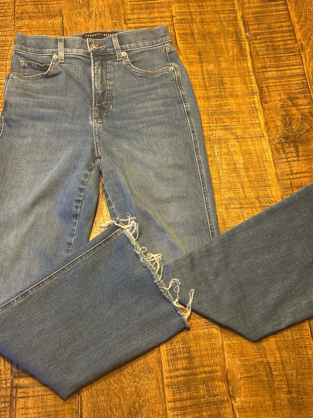 Veronica Beard Carson Frayed Hem Blue Straight-Leg Jeans